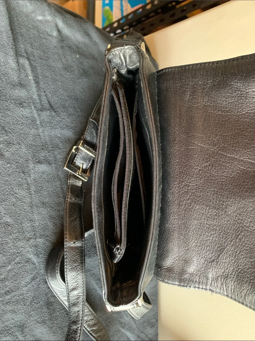 Perlina Black Leather Messenger Bag with Silver Hardware